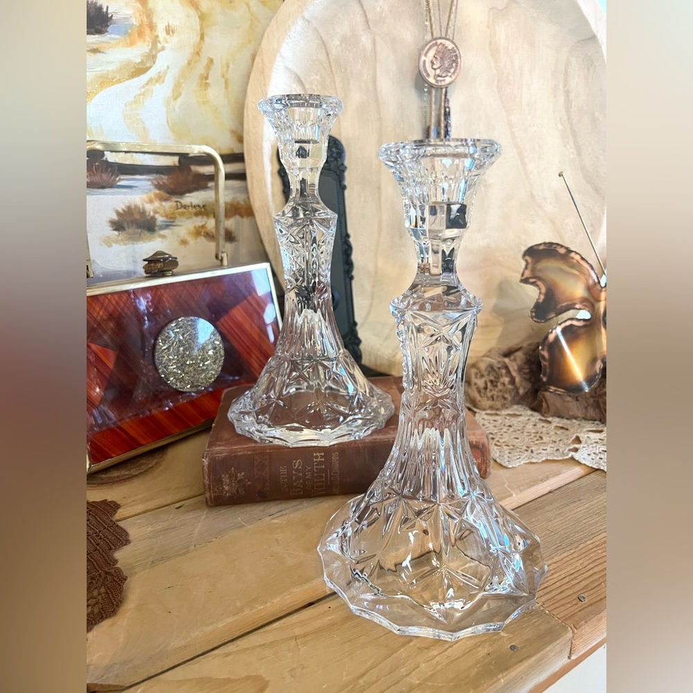 Vintage Set of Two Etched Cut Clear Glass Stunning Candlestick Holders